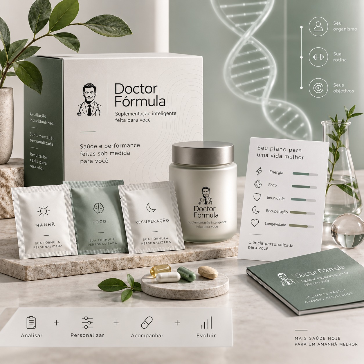 Kit Doctor Fórmula com frasco, sachês e cartão de saúde personalizado